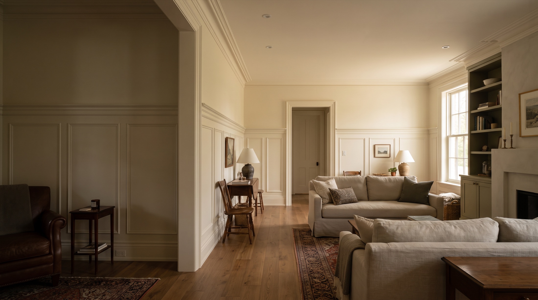 Warm, freshly painted living room with refined millwork and natural oak details