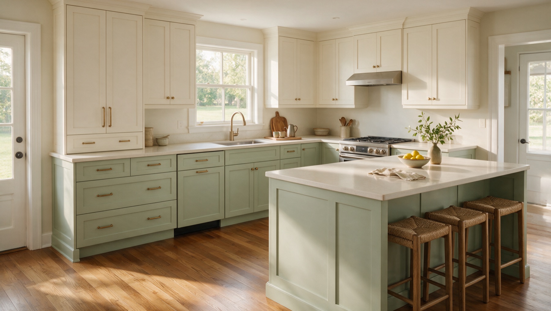 Lived-in Niagara kitchen with refinished white and soft-sage Shaker cabinetry