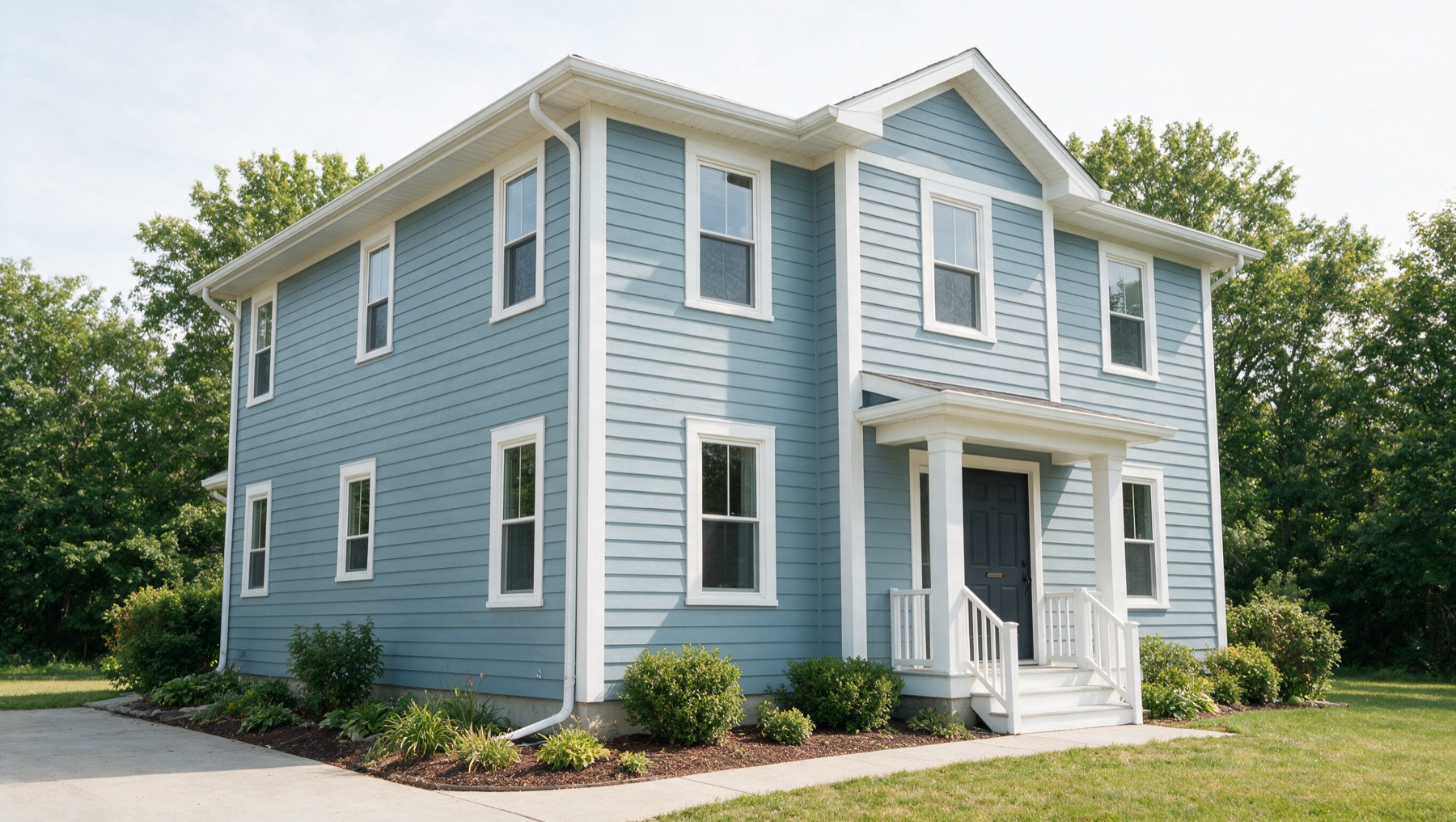 Large Niagara home with freshly painted blue-grey siding viewed from a three-quarter angle