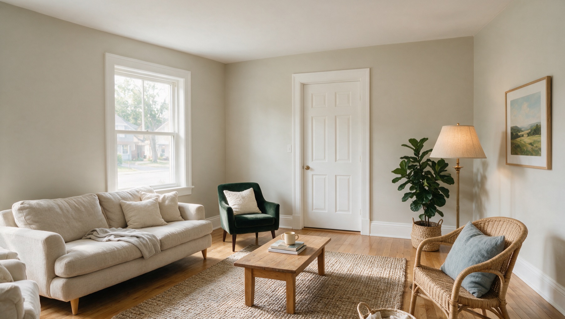 Lived-in warm greige living room with crisp white trim and comfortable furnishings